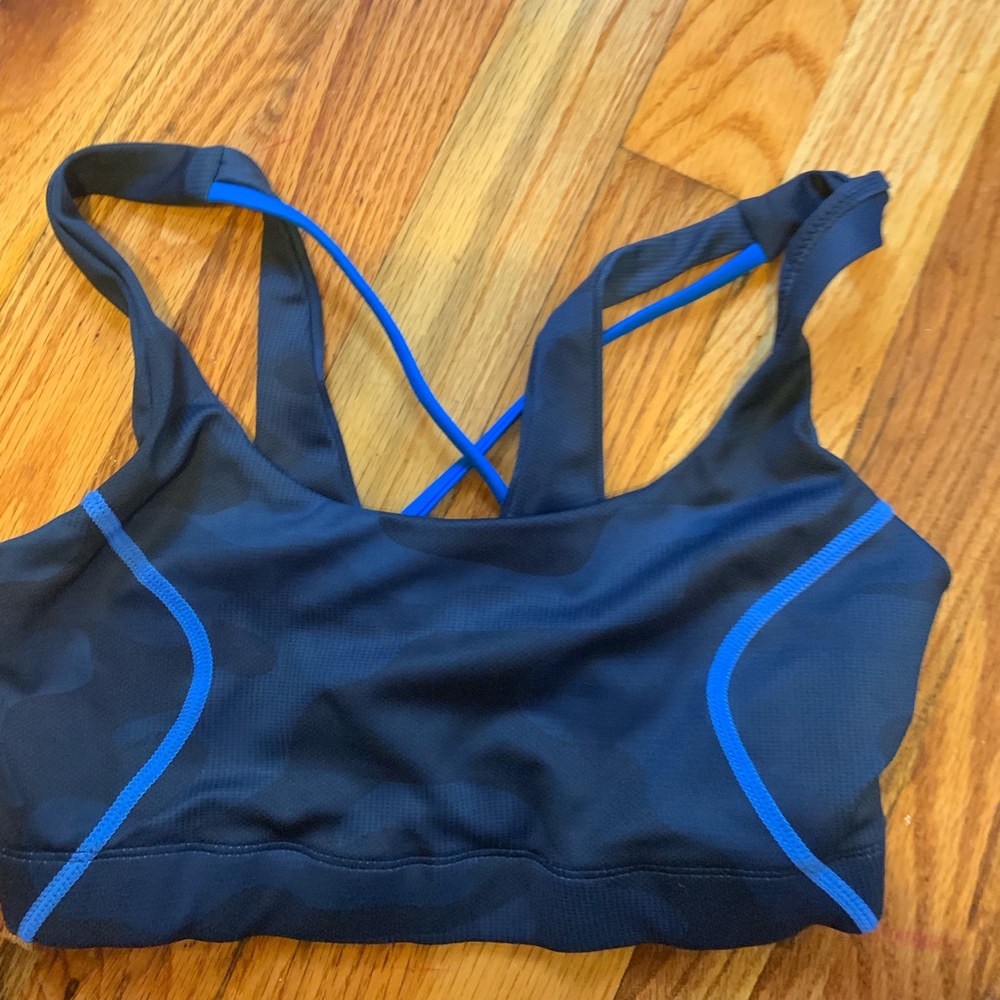 Blue camo print LilyBod x SoulCycle sports bra